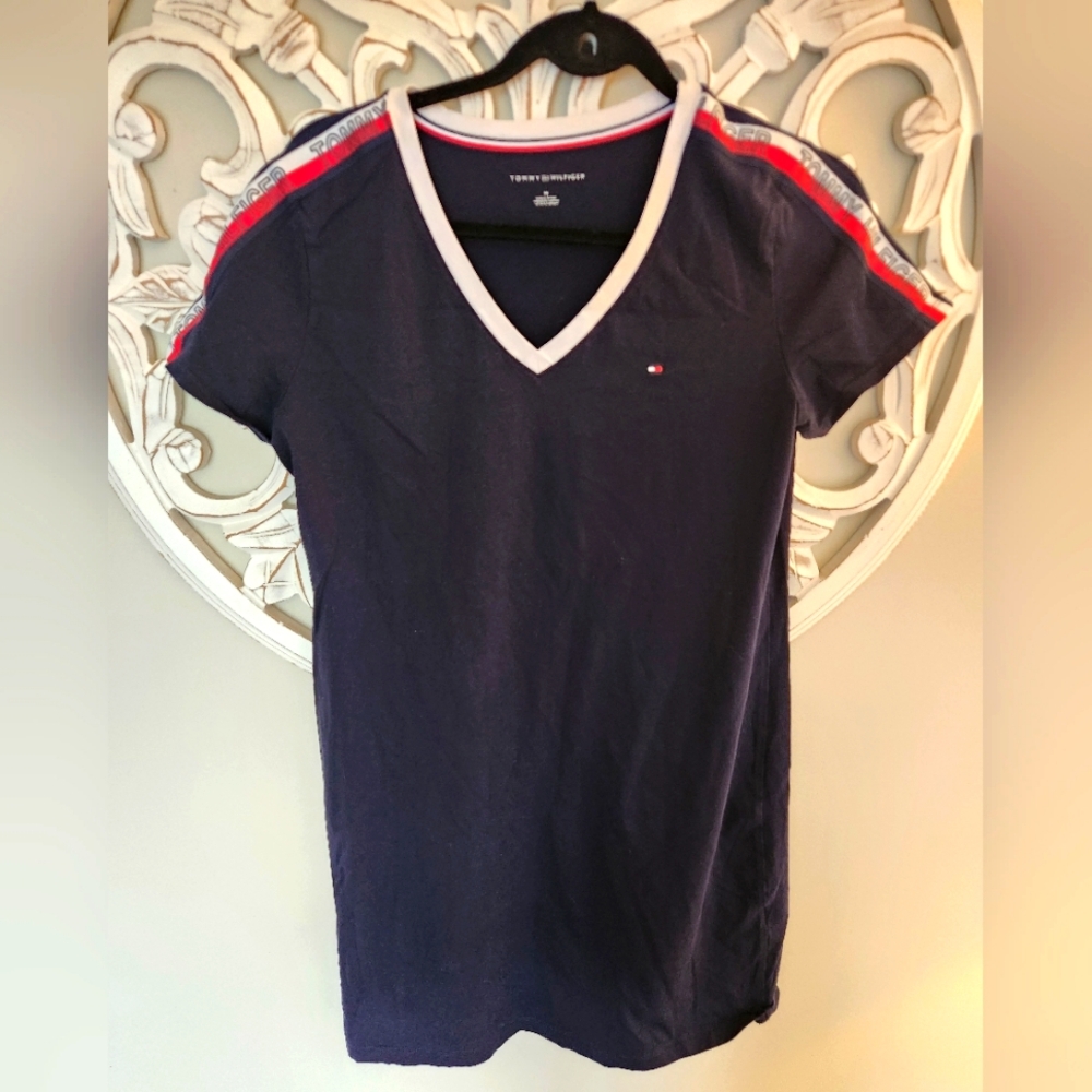 Tommy Hilfiger Blue V Neck Signiture Logo Flag Stripe T Shirt Dress Size Medium
